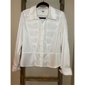 Size PL, Coldwater Creek, white button down blouse.  Corset inspired detailing!